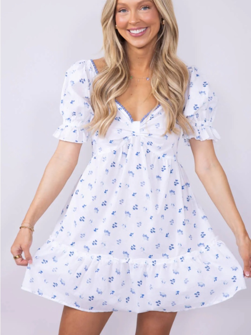 Simply Southern White Mini Dress with Blue Floral Print- Medium - NWT